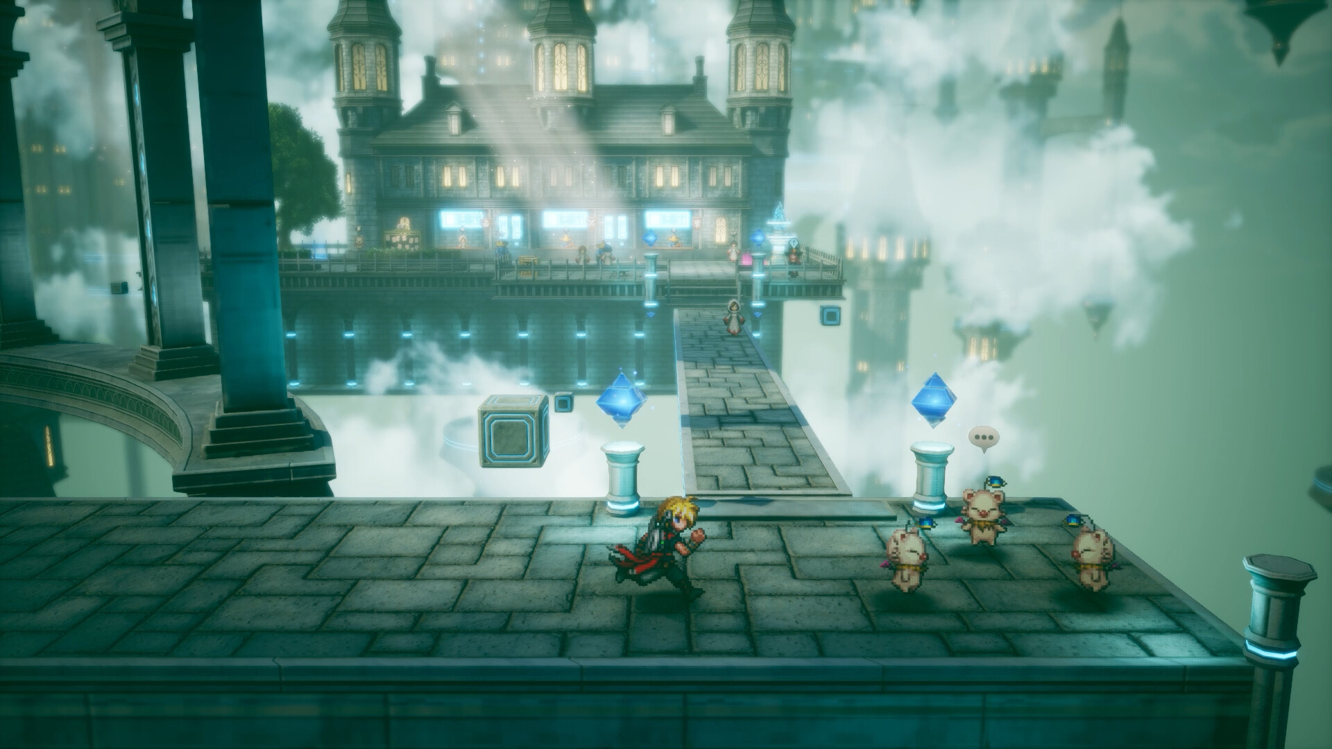 Cloud exploring an HD-2D city in Final Fantasy Resonance